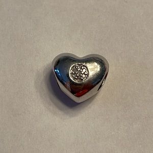 Pandora Style Bead Silver Heart with 7 Pave Diamond set in Center on one side